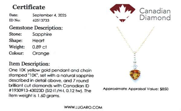 Heart Shaped Orange Sapphire & Canadian Diamond Pendant in Yellow Gold