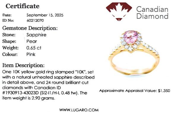 Non Heated Pear Shaped Pink Sapphire and Canadian Diamond Halo Ring in Yellow Gold