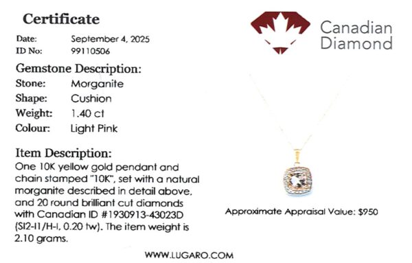 Cushion Cut Morganite and Canadian Diamond Halo Pendant in Yellow Gold