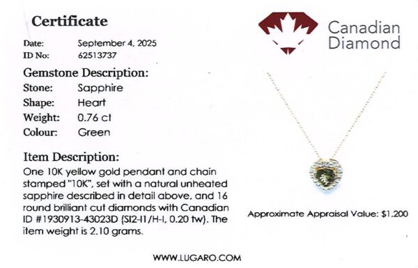 Heart Shape Non Heated Green Sapphire and Canadian Diamond Halo Pendant in Yellow Gold