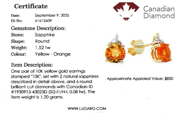 Round Yellowy Orange Sapphire and Canadian Diamond Stud Earrings in Yellow Gold