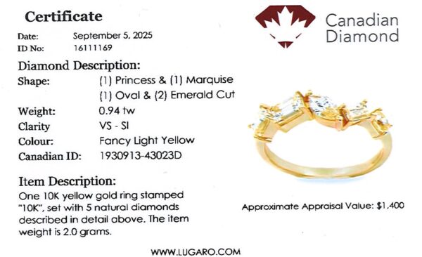 Fancy Light Yellow Canadian Diamond Mosaic Style 5 Stone Anniversary Ring in Yellow Gold