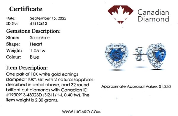 Sapphire and Canadian Diamond Halo Heart Stud Earrings In White Gold | 1.05 CTW