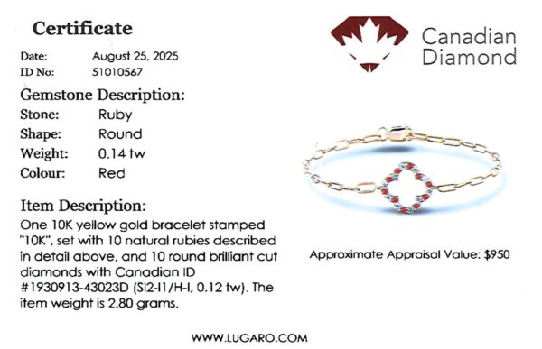 Clover Shape Canadian Diamond and Ruby Bracelet with Paperclip Chain in Yellow Gold