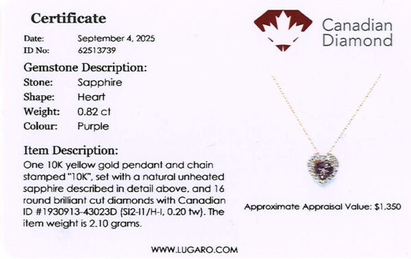 Heart Shape Non Heated Purple Sapphire and Canadian Diamond Halo Pendant in Yellow Gold