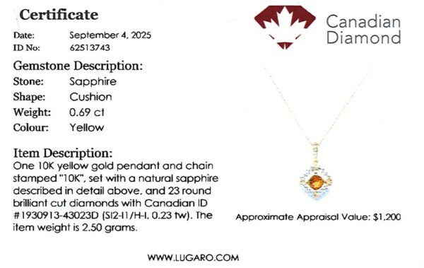Cushion Cut Yellow Sapphire and Canadian Diamond Halo Pendant in Yellow Gold