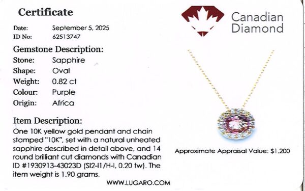 Non Heated African Oval Purple Sapphire and Canadian Diamond Pendant in Yellow Gold