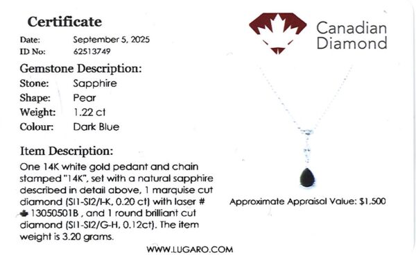 Pear Sapphire and Canadian Diamond Pendant In 14K White Gold