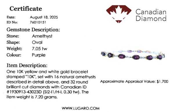 Amethyst And Canadian Diamond Bracelet In Yellow and White Gold