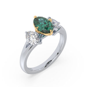 Brazilian Emerald and Classic De Beers Forevermark Diamond Trilogy Style Ring 18K Gold