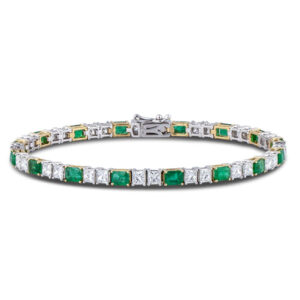 Emerald and Princess Cut Diamond Tennis Bracelet in 18K White and Yellow Gold