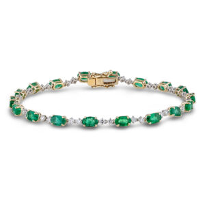 Oval Emerald & Canadian Diamond Tennis Bracelet in White and Yellow Gold