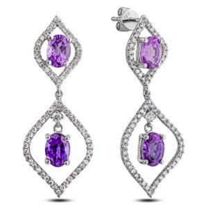 Oval Shape Amethyst and Canadian Diamond Dangle Earrings in White Gold