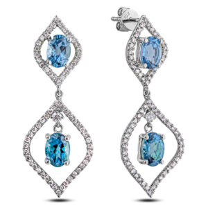 Oval Shape Blue Topaz and Canadian Diamond Dangle Earrings in White Gold