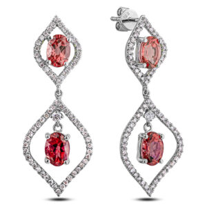 Oval Shape Garnet and Canadian Diamond Dangle Earrings in White Gold