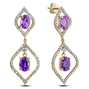 Oval Shape Amethyst and Canadian Diamond Dangle Earrings in Yellow Gold