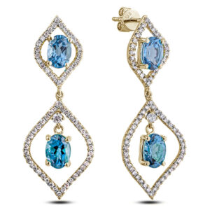 Oval Shape Blue Topaz and Canadian Diamond Dangle Earrings in Yellow Gold