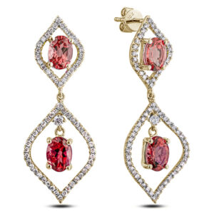 Oval Shape Garnet and Canadian Diamond Dangle Earrings in Yellow Gold