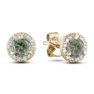 Green Sapphire and Diamond Halo Stud Earrings in Yellow Gold
