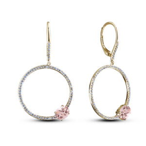 Oval Shaped Morganite and Canadian Diamond Circle Drop Earrings in Yellow Gold | 0.62 Carat TW