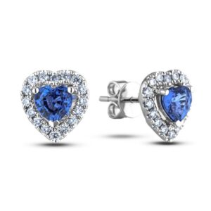 Sapphire and Canadian Diamond Halo Heart Stud Earrings In White Gold | 1.05 CTW