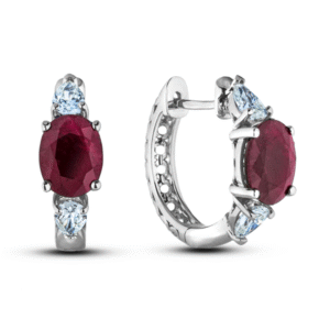 Oval Ruby and Canadian Diamond Hoop Earrings in 14K White Gold