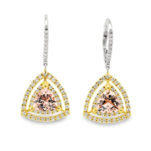 Morganite and Canadian Diamond Double Halo Earrings in White and Yellow Gold