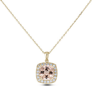 Cushion Cut Morganite and Canadian Diamond Halo Pendant in Yellow Gold