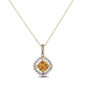 Cushion Cut Yellow Sapphire and Canadian Diamond Halo Pendant in Yellow Gold