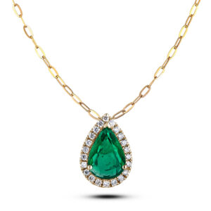 Brazilian Emerald and Diamond Pear Shaped Halo Paperclip Necklace In 18K Yellow Gold