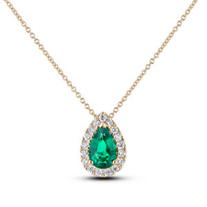 Pear Shaped Emerald and Canadian Diamond Halo Pendant in Yellow Gold