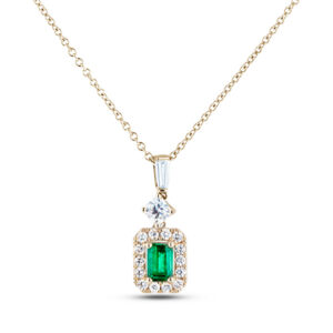 Emerald and Canadian Diamond Halo Pendant in 14K Yellow Gold