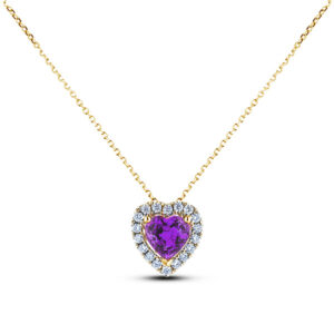 Heart Shape Non Heated Purple Sapphire and Canadian Diamond Halo Pendant in Yellow Gold