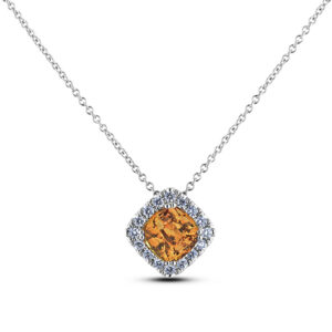 Yellow Sapphire and Diamond Halo Pendant in White Gold