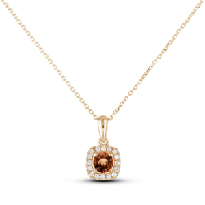 Round Pink Brown Sapphire and Canadian Diamond Halo Pendant In Yellow Gold