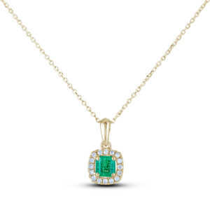 Square Cut Emerald and Canadian Diamond Halo Pendant In 14K Yellow Gold