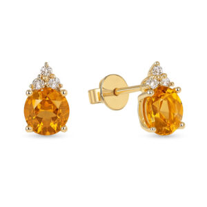 Round Yellowy Orange Sapphire and Canadian Diamond Stud Earrings in Yellow Gold