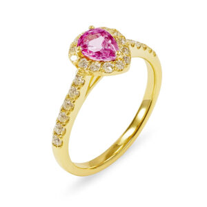 Non Heated Pear Shaped Pink Sapphire and Canadian Diamond Halo Ring in Yellow Gold