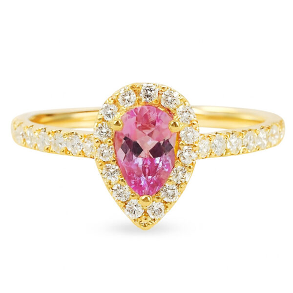 Non Heated Pear Shaped Pink Sapphire and Canadian Diamond Halo Ring in Yellow Gold
