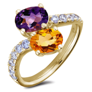 Citrine and Amethyst You and Me Ring With Diamond Accents In Yellow Gold