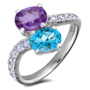 Blue Topaz and Amethyst You and Me Ring With Diamond Accents In White Gold