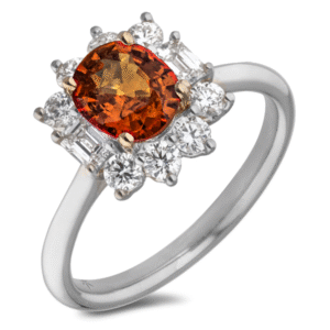 Padparadscha Color Orange Ceylon Sapphire & De Beers Forevermark Diamond Floral Halo Ring in 14K White and Yellow Gold