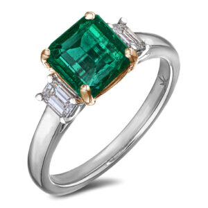 Square Cut Emerald and De Beers Forevermark Diamond Trilogy Ring in 18K White and Yellow Gold