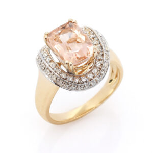 Non Heated Morganite and Diamond Double Halo Ring In 14K White and Yellow Gold