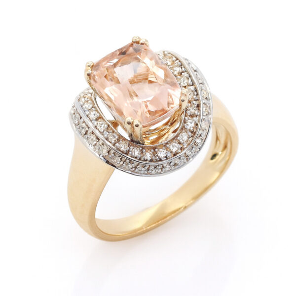 Non Heated Morganite and Diamond Double Halo Ring In 14K White and Yellow Gold