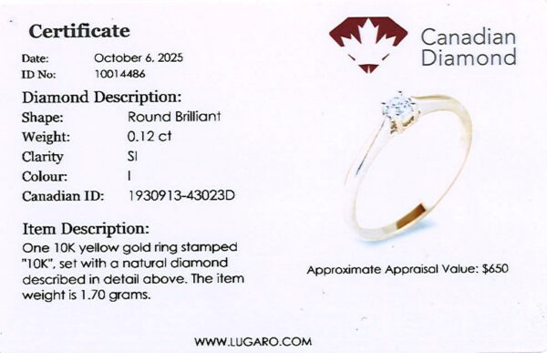 Canadian Diamond Solitaire Ring in Yellow Gold | 0.12 Carat