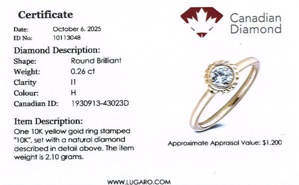 Round Brilliant Cut Canadian Diamond Bezel Set Solitaire Ring in Yellow Gold