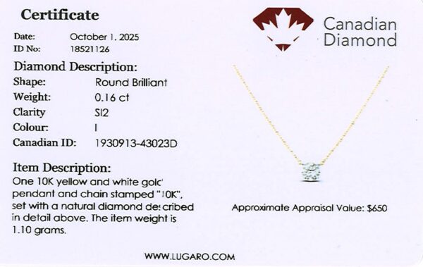 Canadian Diamond Solitaire Necklace in White and Yellow Gold | 0.16 CT