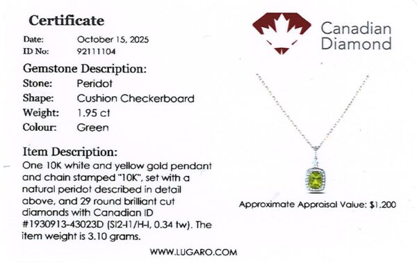Cushion Checkerboard Cut Peridot and Canadian Diamond Halo Pendant in White and Yellow Gold
