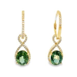 Oval Shaped Sapphire and Canadian Diamond Halo Dangle Drop Earrings In Yellow Gold